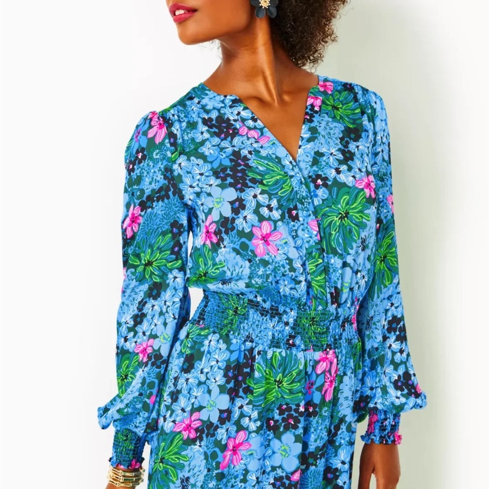 Lilly Pulitzer Sz 4 Loubella Smocked Midi Dress Multi Soiree All Day - Picture 4 of 16